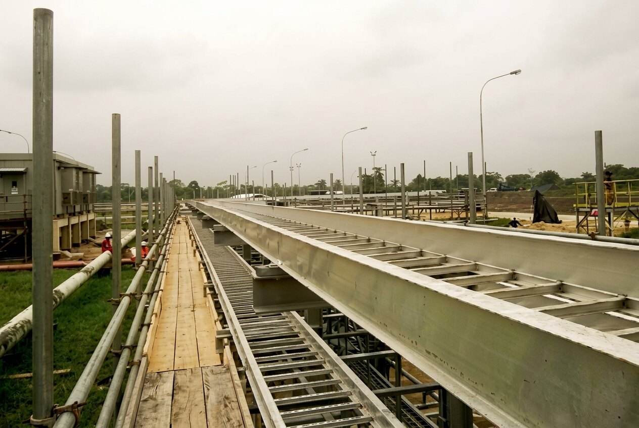 Cable reels staged at an onshore terminal for electrical installation