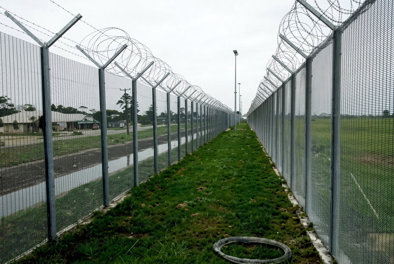 Kilometres of perimeter security fencing with razor wire