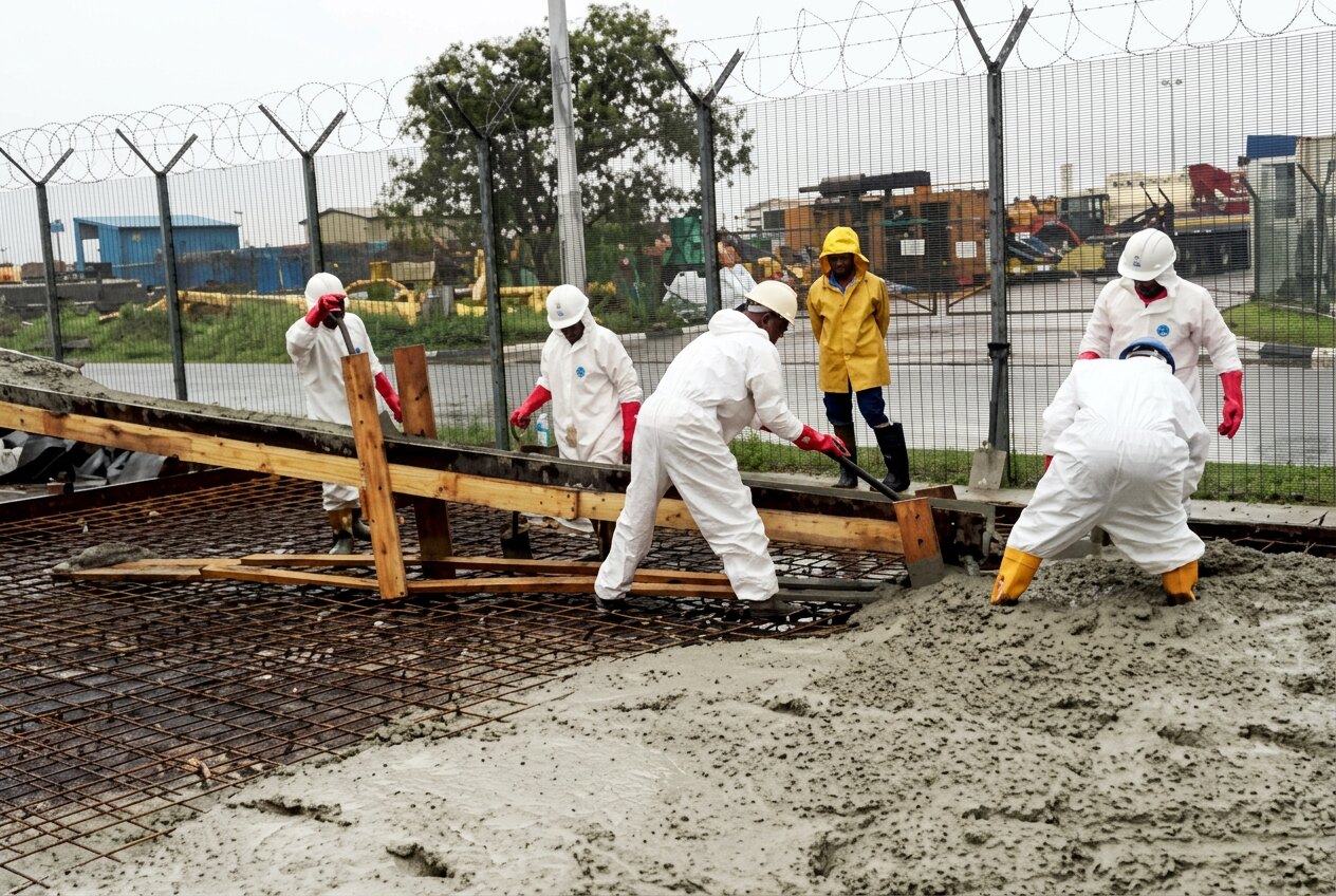 Crew in protective coveralls installing pipeline in the Niger Delta