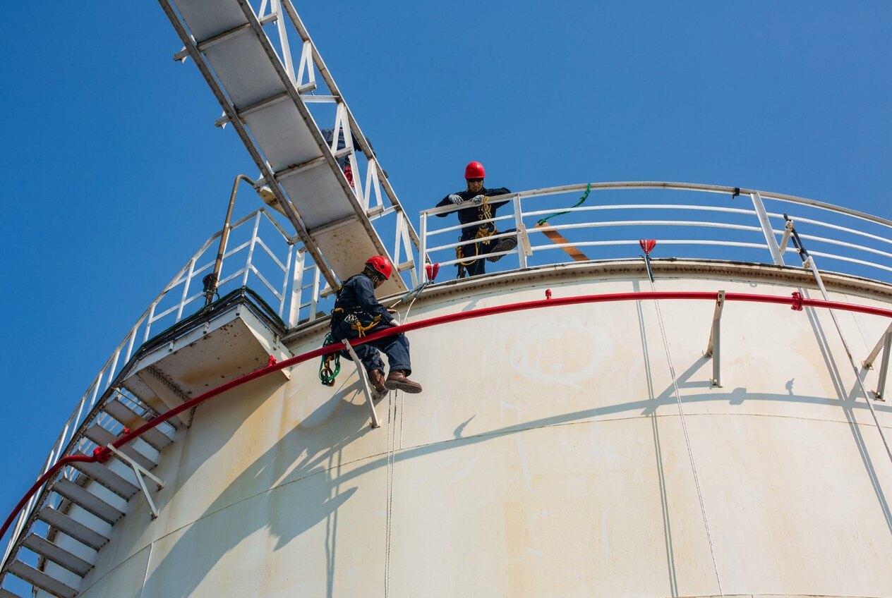 Scaffold access erected around a storage tank for maintenance