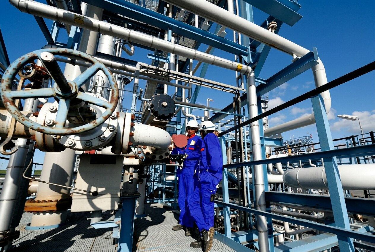 Maintenance crew inspecting industrial piping
