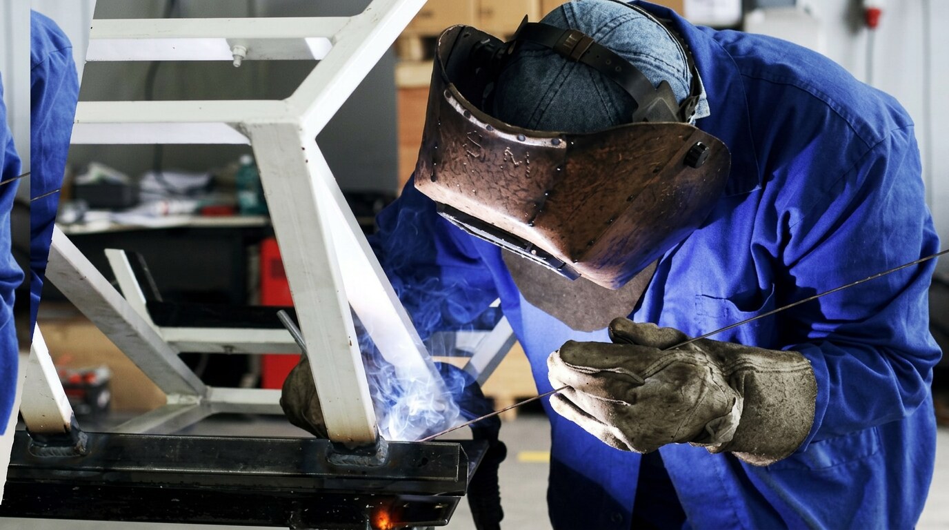 Welder completing a pipe joint on site